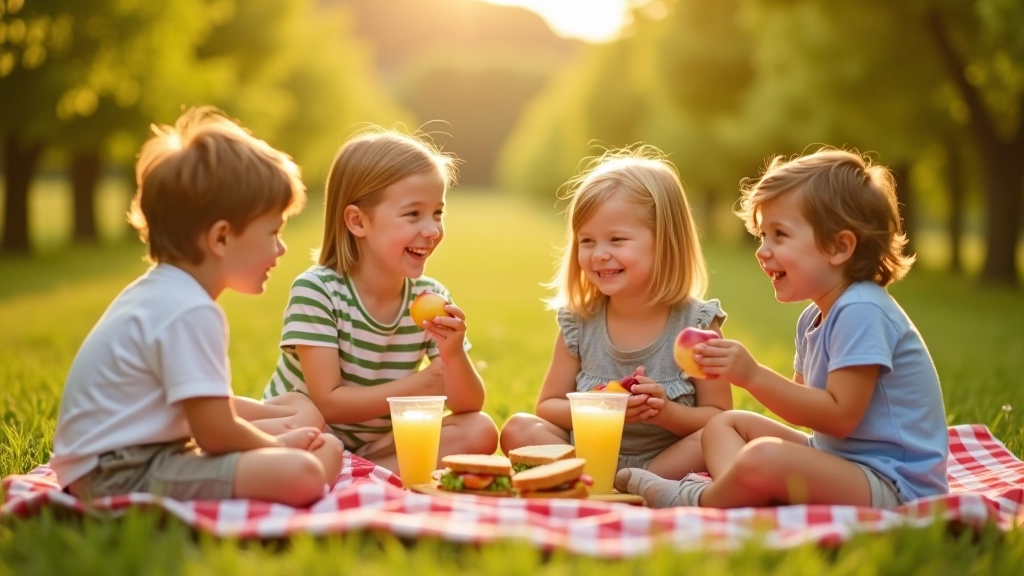 Keturi vaikai sėdi apie staltiesę, valgo sviestinius ir gėra limonadą obelų sode